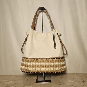 Sondra Roberts Squared Womens Woven Travel Tote Shoulder Bag Rafia Dotted